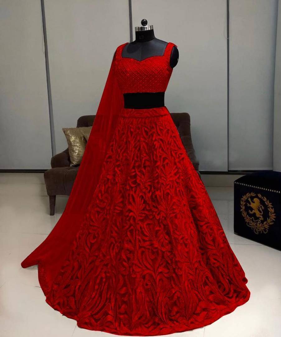 Women's Red Net Embroidered Lehenga Choli